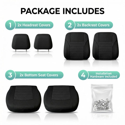 Package contents: 2 headrest covers, 2 backrest covers, 2 bottom seat covers, installation hardware; Premium 3D Air Mesh Front Seat Covers Set for Cars, Trucks, and SUVs, Airbag Compatible, Universal Fit, Black, Easy Install With Hook And Loop Straps, Durable Interior Upgrade for a Sleek, Clean Look and Quick Refresh