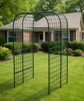 Metal Garden Arch Trellis Black 7.3 Ft in front of a brick house, space saving vertical plant support for raised beds, sturdy steel frame