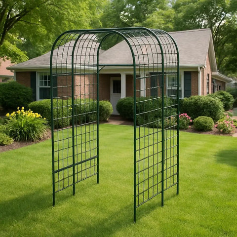 Metal Garden Arch Trellis Black 7.3 Ft in front of a brick house, space saving vertical plant support for raised beds, sturdy steel frame