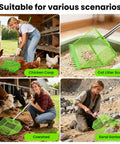 2 In 1 Chicken Poop Scooper And Rake With Handle 12 Inch Heavy Duty Metal Coop Cleaner shown in various uses like chicken coop and sand