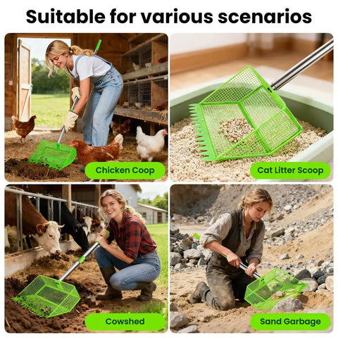 2 In 1 Chicken Poop Scooper And Rake With Handle 12 Inch Heavy Duty Metal Coop Cleaner shown in various uses like chicken coop and sand