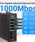 Beefy 8 Port Gigabit Ethernet Switch With 2 SFP Ports, DIN Rail And Wall Mountable, showcasing front with LEDs and cables