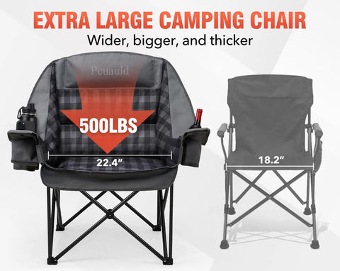 Heavy Duty Camping Chair For Adults Ultra Padded Folding XL Oversized Wide Seat With Cup Holder Supports 500 Lbs shown with measurements