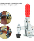 Quick Release Toggle Clamp For Drill Press And Woodworking Jigs And Fixtures Vertical Clamp shown with red grip and installed view