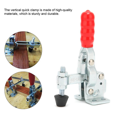 Quick Release Toggle Clamp For Drill Press And Woodworking Jigs And Fixtures Vertical Clamp shown with red grip and installed view