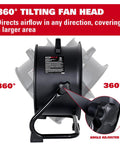 Side view of 16-Inch Industrial Drum Fan With 3 Speed Settings showing 360° tilting head for airflow direction adjustment, UL Listed.