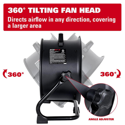 Side view of 16-Inch Industrial Drum Fan With 3 Speed Settings showing 360° tilting head for airflow direction adjustment, UL Listed.