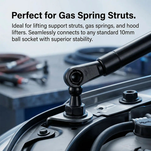 Four Pack 10mm Ball Studs With M8 Screws And Half Inch Long Shanks For Gas Struts Lift Supports Beefy Heavy Duty Mounting Kit In Black Zinc Alloy Universal Fit For Tight Spaces And Various Mounting Surfaces With Corrosion Resistant Finish. 10mm ball stud mounted on gas strut bracket