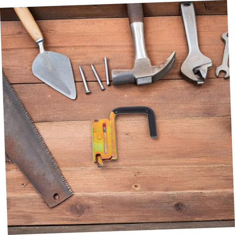 E Track Heavy Duty Hooks For Tool Storage And Cargo Security On Enclosed Trailers And Trucks Easy Install Metal Track Hanger J Hooks for garage ladder storage on wooden surface with tools.