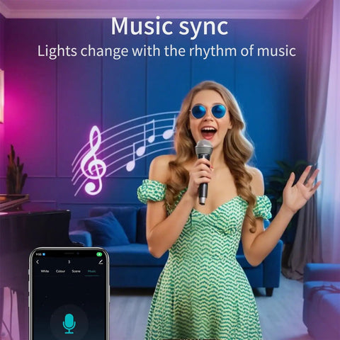 Woman singing with Smart Candelabra LED E12 Bulbs 4 Pack With HomeKit And WiFi Dimmable Chandelier Lights music sync feature.