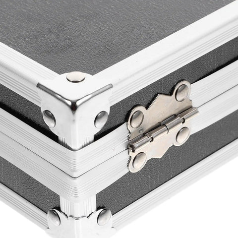 Close-up of Rugged As Nails Portable Aluminum Tool Box With Secure Locking Lid and robust corner protectors.