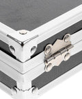 Close-up of Kick Ass Aluminum Tool Case With Secure Latch And Comfy Carry Handle, showcasing sturdy metal corners and latch.