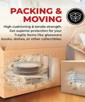 70 Sheets Newsprint Packing Paper For Moving And Shipping, Move Day Must Have Box Filler And Fragile Item Wrapping, 26 By 15 Inches, Lightweight 1.8 Lbs Bulk Pack, Perfect For Glassware, Dishes, Mirrors, And Other Breakables shown in a cardboard box with bubble wrap and plates.