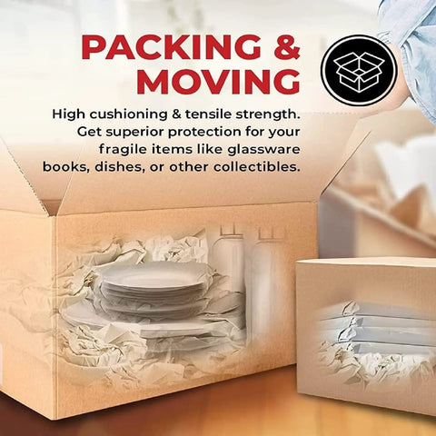 70 Sheets Newsprint Packing Paper For Moving And Shipping, Move Day Must Have Box Filler And Fragile Item Wrapping, 26 By 15 Inches, Lightweight 1.8 Lbs Bulk Pack, Perfect For Glassware, Dishes, Mirrors, And Other Breakables shown in a cardboard box with bubble wrap and plates.