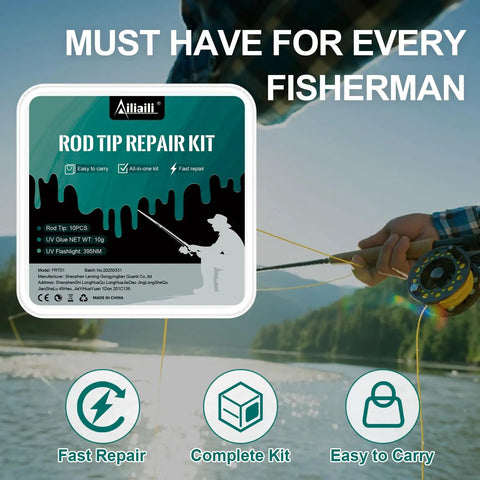 Fishing Rod Tip Repair Kit With 10 Eyelet Sizes, UV Glue And UV Flashlight, packaging and usage illustration outdoors