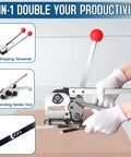 Tough As Nails Steel Banding Strapping Kit Featuring A Slick Tensioner Sealer Combo and Heavy Duty Metal Strap Crimping Tools in action.