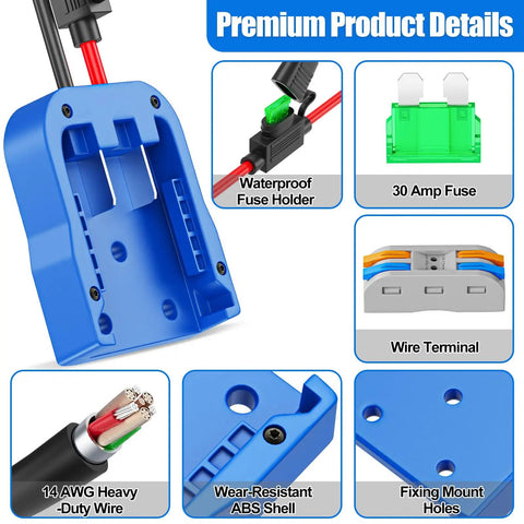 24V Max Battery Adapter with Fuse Protected 14 Gauge Wiring, blue shell, includes 30A fuse, compatible with KB624-03.