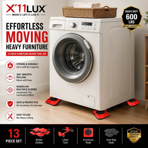 Easy Moving Furniture Set With 360 Swivel Wheels Heavy Duty Lifter Kit For Sofa Couch Cabinet And Washing Machine Easy Glide Sliders For Hardwood Floors Home Appliance Transport Tool showing a washing machine on glide sliders.