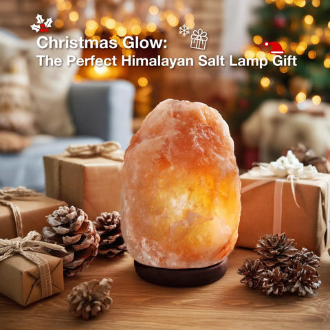 Himalayan Pink Salt Lamp 7 Inches With Upgraded Remote Control And 16 Color Changing Modes USB Powered on a holiday-themed table.