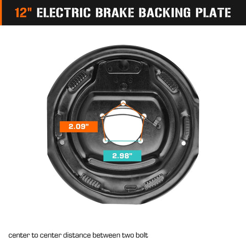 12-inch electric trailer brake backing plate, black steel with bolt-hole pattern.
