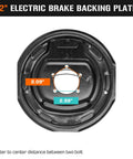 Front view of black 12-inch electric brake backing plate for a 7,000 lb trailer axle.