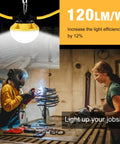 Worker using 100Ft LED Construction String Lights IP65 Waterproof ETL Certified Daylight 5000K in a workshop setting
