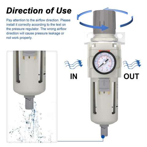 Three-Quarter Inch NPT Air Filter Regulator Combo With 5 Micron Brass Element And Semi Auto Drain gauge close-up