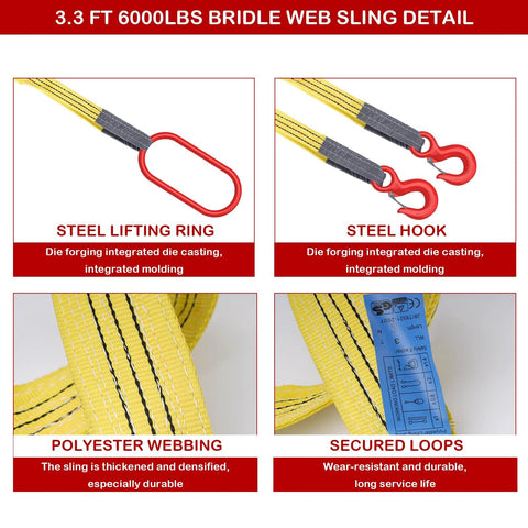 Two-leg bridle lifting sling with yellow polyester webbing and red steel hooks