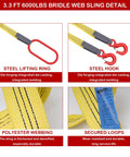 Heavy Duty Polyester Bridle Lifting Slings With Durable Hooks, 3.3 Feet Two Leg Rigging Strap, showing steel lifting ring and steel hooks.