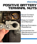 Built Tough Copper Alloy Positive Battery Terminal With Nuts Heavy Duty Rust Resistant Auto Electrical Connector held in hand near battery.
