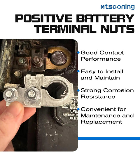 Built Tough Copper Alloy Positive Battery Terminal With Nuts Heavy Duty Rust Resistant Auto Electrical Connector held in hand near battery.