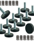 Heavy Duty 1/4 Inch Thread Adjustable Furniture Levelers For Tables Chairs And Bar Stools Screw On Foot Glides 12 pack with black bases.