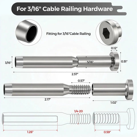 T316 Stainless Steel Invisible Cable Railing Kit With 3/16 Inch Cables And Swage Stud End Fittings For 2X2 Wood Or Metal Posts, cable railing hardware.