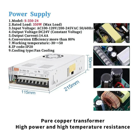 1 To 5 Axis Nema23 Closed Loop Stepper Motor Kit With Encoder For CNC Machines, Hybrid DC Servo Drive, 1.2Nm 2Nm 3Nm Torque Options, Ready To Boost Precision Milling, Cutting, And Engraving. 350W DC24V fan-cooled power supply, 215x115x50mm