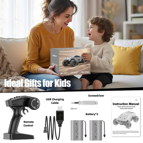 1 18 Scale Fast RC Car With 40 Kmph Top Speed 4x4 Monster Off Road Truck packaging with remote, batteries, and manual.