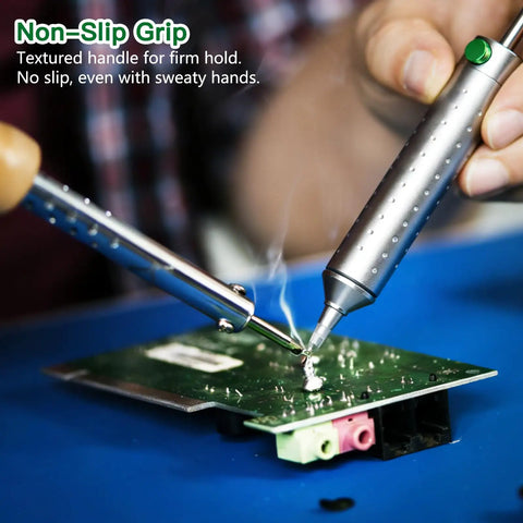 Pro Grade 100W Soldering Gun Kit With LCD Temperature Display And Adjustable Heat used to solder circuit board.