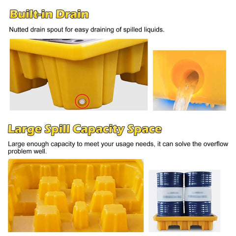 Heavy Duty Two Drum Spill Containment Pallet Built Rock Solid With Hdpe And Straight Up Leak Seals Designed For Tough Crews This Modular Secondary Sump Tray Eases Handling Features Forklift Pockets A Fast Drain And Pop Off Grating Deck