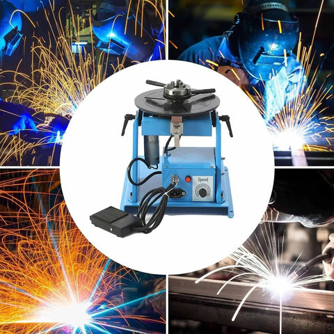 Compact Portable Welding Positioner Turntable With Slick Precision Clamp And Stepless Speed Dial 180Mm Mini Welding Workbench setup view with foot pedal.