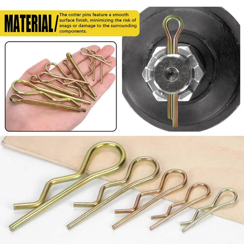 208Pcs Cotter Pin And Hairpin R Pin Assortment Kit With Zinc Plated Steel Fasteners In 11 Sizes showing pins and installed example