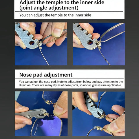 Eyeglass Frame Repair Kit For Quick Fix Of Curved Temples And Misaligned Nose Pads With A Grippy Non Slip Handle in use