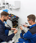 Two technicians in a lab using an adjustable aluminum soldering jig for electronics PCB assembly and jewelry watch repair.