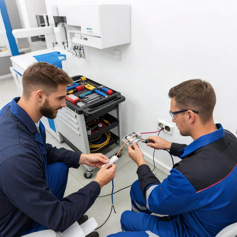 Two technicians in a lab using an adjustable aluminum soldering jig for electronics PCB assembly and jewelry watch repair.