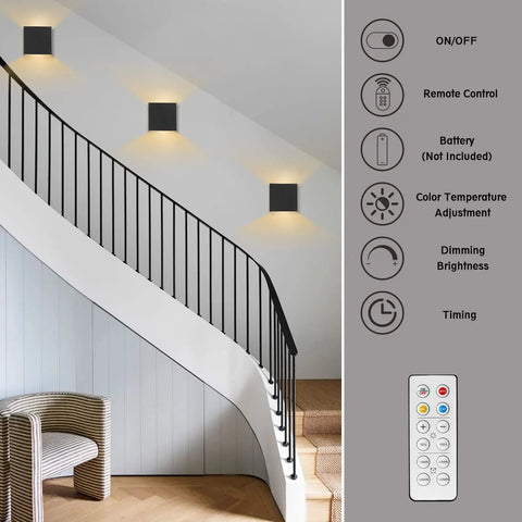 Cordless LED Cube Wall Sconces With Remote Dimmable Up And Down Lighting in hallway, remote and features shown on right, black 3 pack