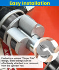 Close-up of Stroke Control Kit For Hydraulic Cylinders Dialed In With Adjustable Limiter Clamps and Finger Tabs in use