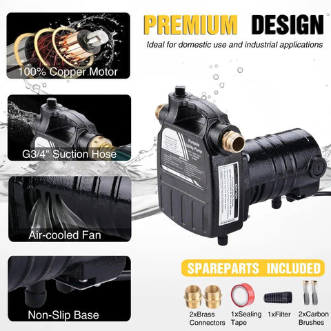 1/2HP 115V Cast Iron Portable Water Transfer Pump with brass connectors, copper motor, suction hose, and included spare parts