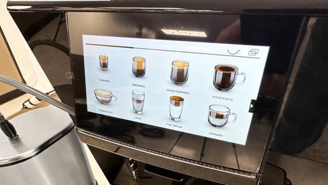 Smooth Operator Automatic Espresso Machine With No Sweat Touchscreen Controls And Eight Custom Drink Settings display of drink options.