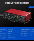 Red 4 In 2 Out USB Audio Interface With 48V Phantom Power 24Bit 192kHz Recording Quality, dimensions and features displayed.
