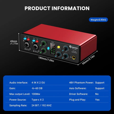 Red 4 In 2 Out USB Audio Interface With 48V Phantom Power 24Bit 192kHz Recording Quality, dimensions and features displayed.