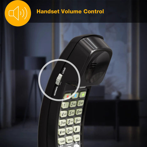 Close-up of Straight Up Reliable Trimline Corded Landline Phone's handset volume control switch for normal and loud settings.