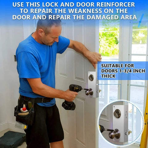 Man installing Four Pack Door Reinforcement Plates for One and Three Quarters Inch Thick Doors Stainless Steel Jamb Plate.